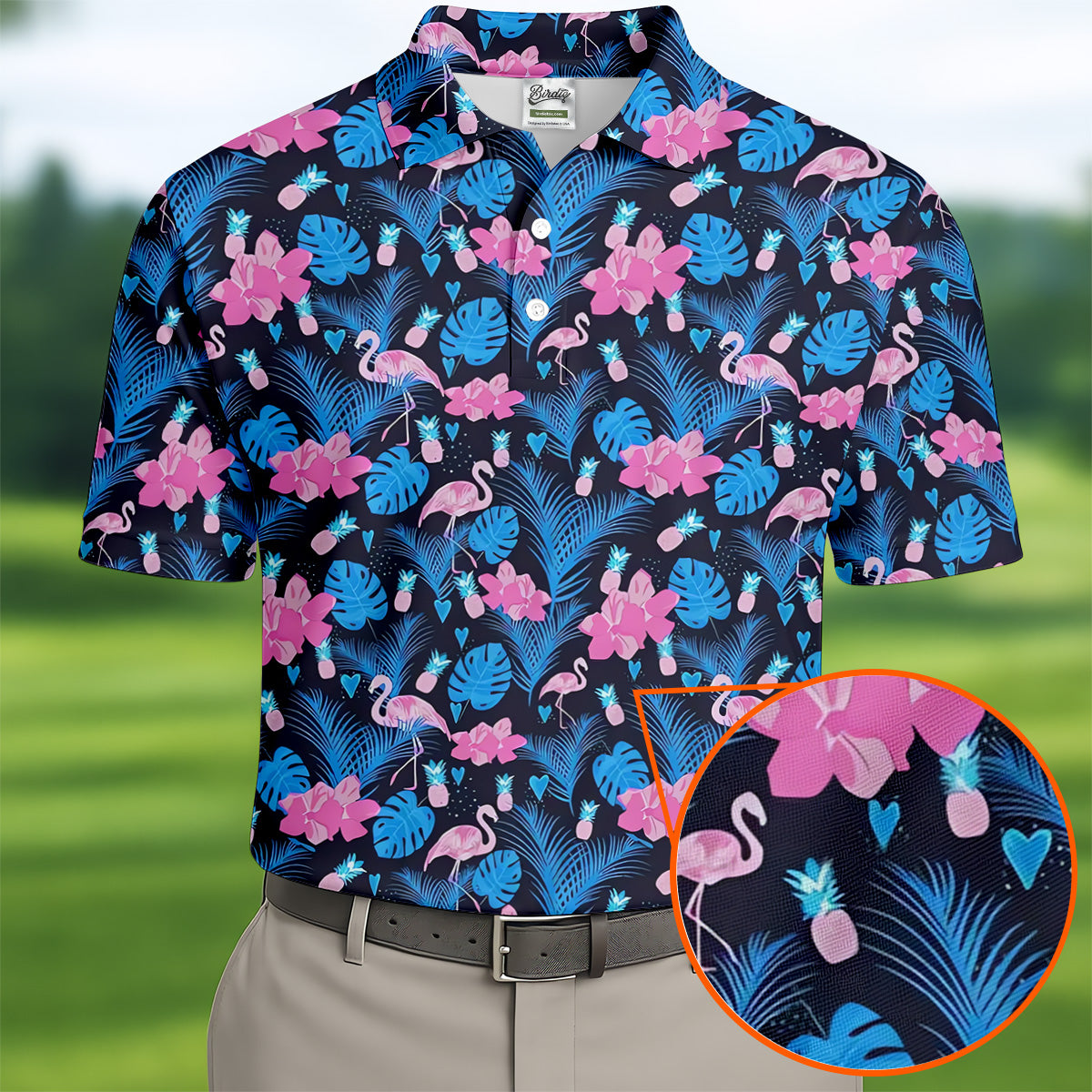 Flamingo Pink Pink And Blue Tropical Golf Shirts, Polo ShirtFor Men, Golf Gift For Men, Golfing Apparel