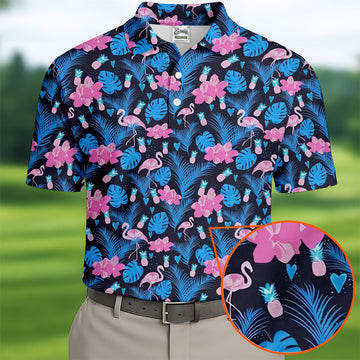 Flamingo Pink Pink And Blue Tropical Golf Shirts, Polo ShirtFor Men, Golf Gift For Men, Golfing Apparel