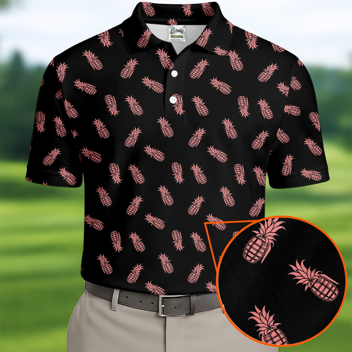 Pineapple Grenade Black And Pink Golf Tops For Men, Men Polo, Golf Gift For Men