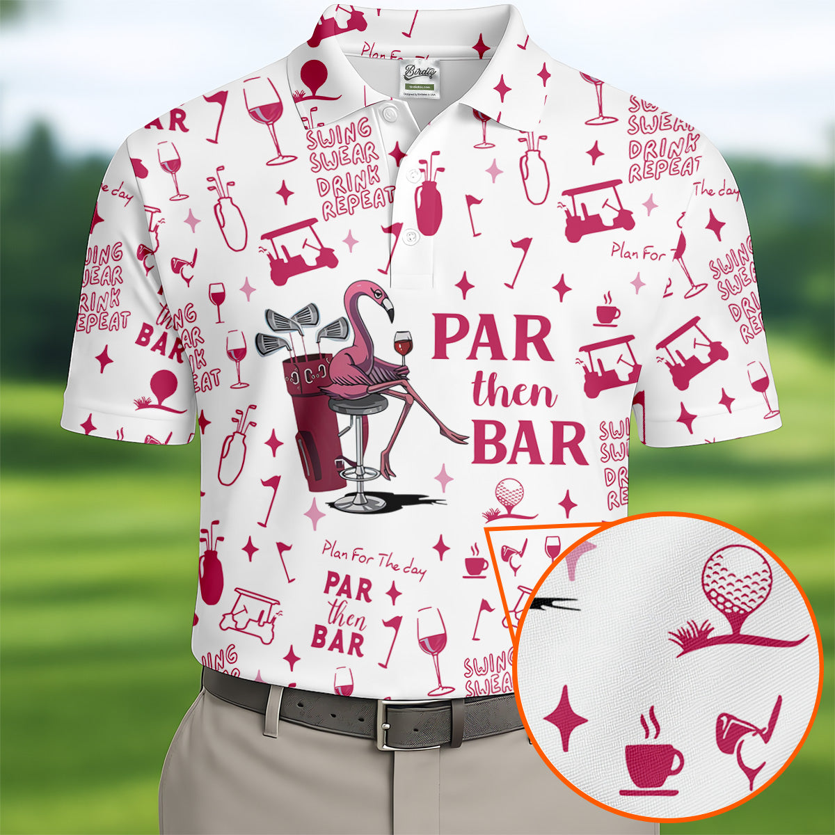 Swing Swear Drink Repeat Par Then Bar Flamingo Golf Shirt, Fun Men's Golf Polos, Polo ShirtFor Men