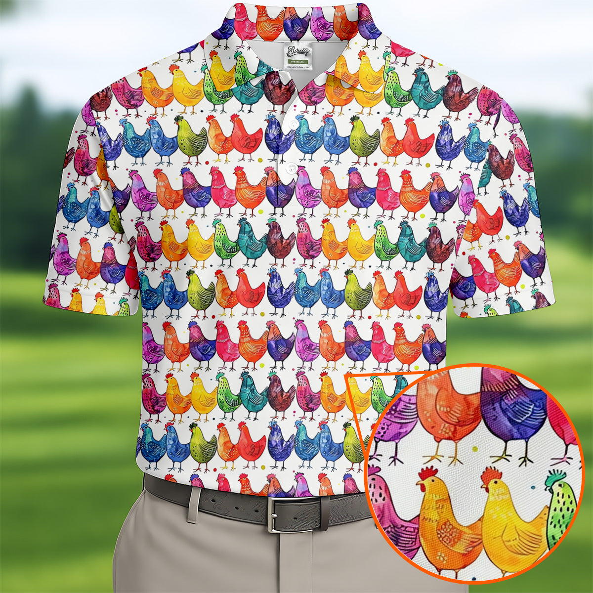 Whimsical Chicken Colorful Golf Shirt, Cute Golf Outfit, Polo ShirtFor Men, Golfing Apparel