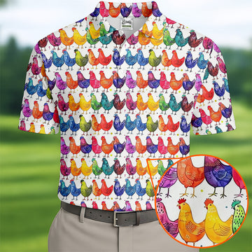 Whimsical Chicken Colorful Golf Shirt, Cute Golf Outfit, Polo ShirtFor Men, Golfing Apparel