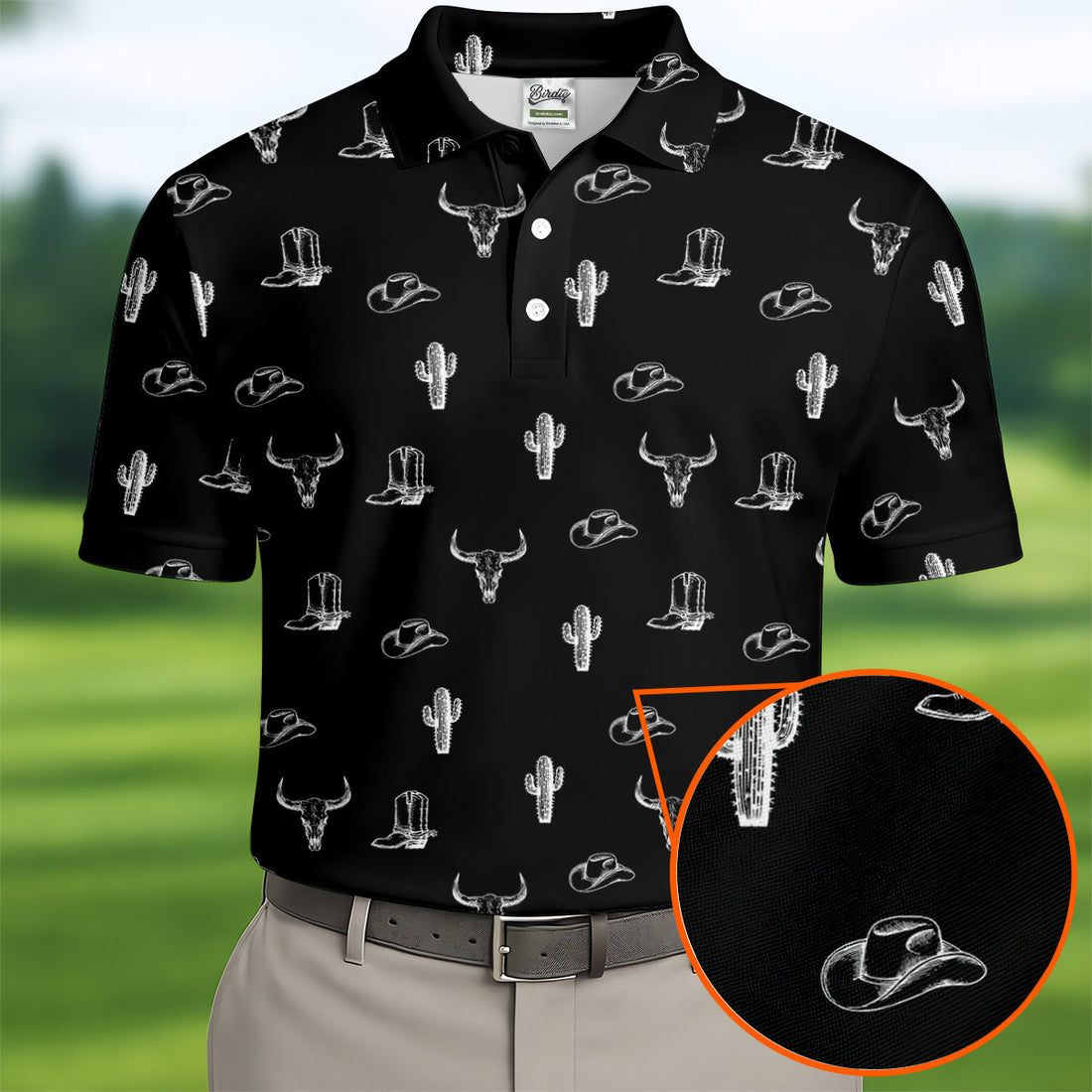 Wild West Cactus Black Western Golf Shirt, Golf Tops For Men, Polo Shirtor Men, Golfing Apparel