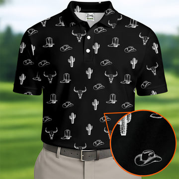 Wild West Cactus Black Western Golf Shirt, Golf Tops For Men, Polo Shirtor Men, Golfing Apparel