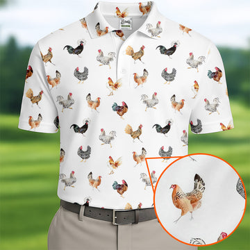 Prancing Chickens Men's White Golf Polo, Gift For Chicken Lover, Polo Shirtor Men, Golfing Apparel