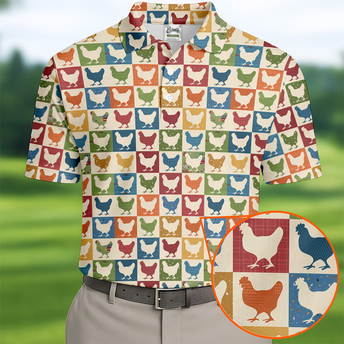 Chicken Rooster Colorful Checkered Golf Tops For Men, Gift For Chicken Lover, Golfing Apparel