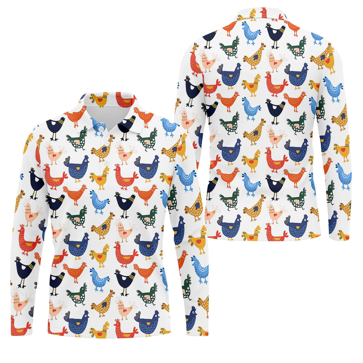 Colorful Animated Chickens White Polo Shirt, Fun Golf Shirts For Men, Gift For Chicken Lover