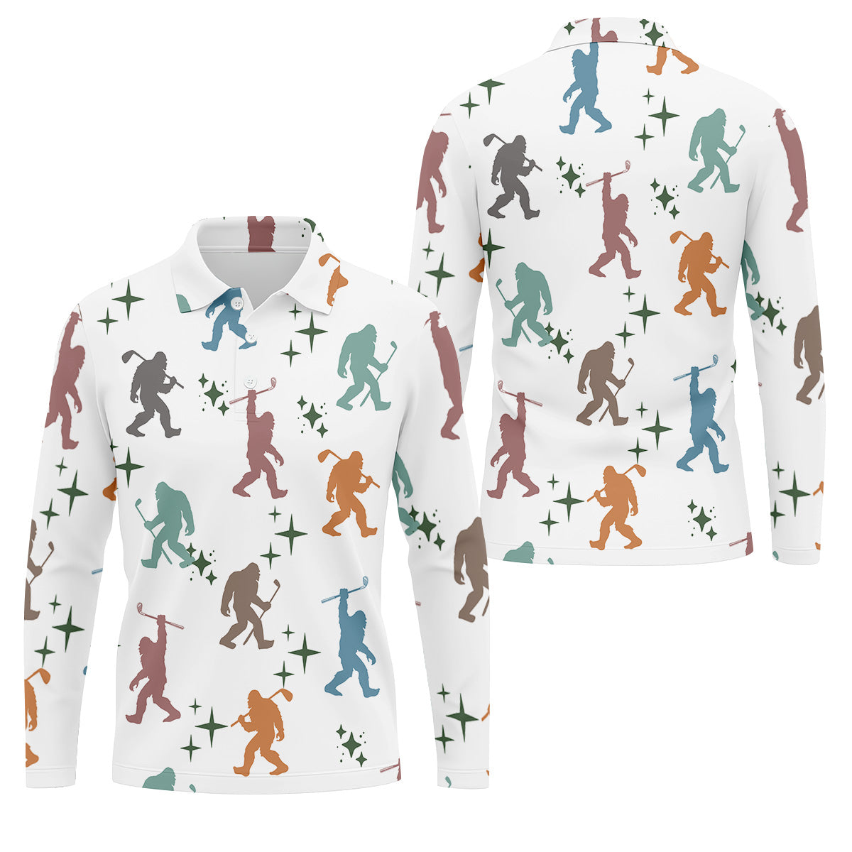 Colorful Bigfoot Silhouette Pattern Men's Funny Golf Shirts, Unique Gift For Golfer, Polo For Men