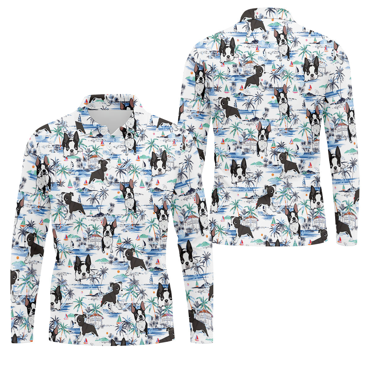 Boston Terrier Ocean Vibe White Tropical Golf Shirts, Men's Funny Golf Shirts, Gifts For Dog Lovers