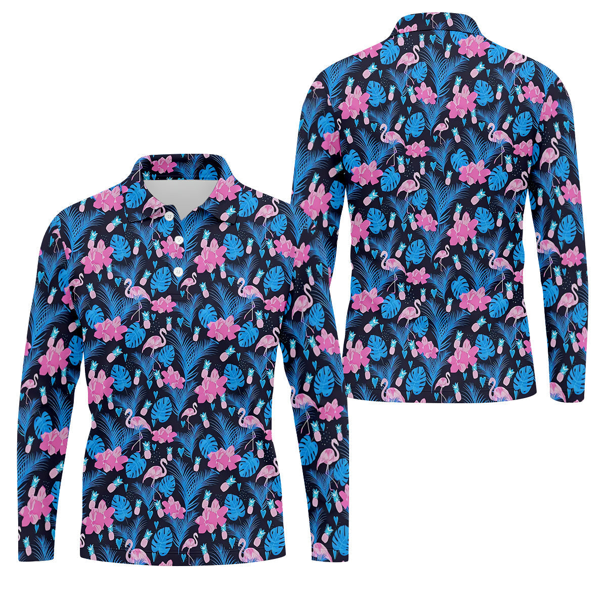 Flamingo Pink Pink And Blue Tropical Golf Shirts, Polo ShirtFor Men, Golf Gift For Men, Golfing Apparel