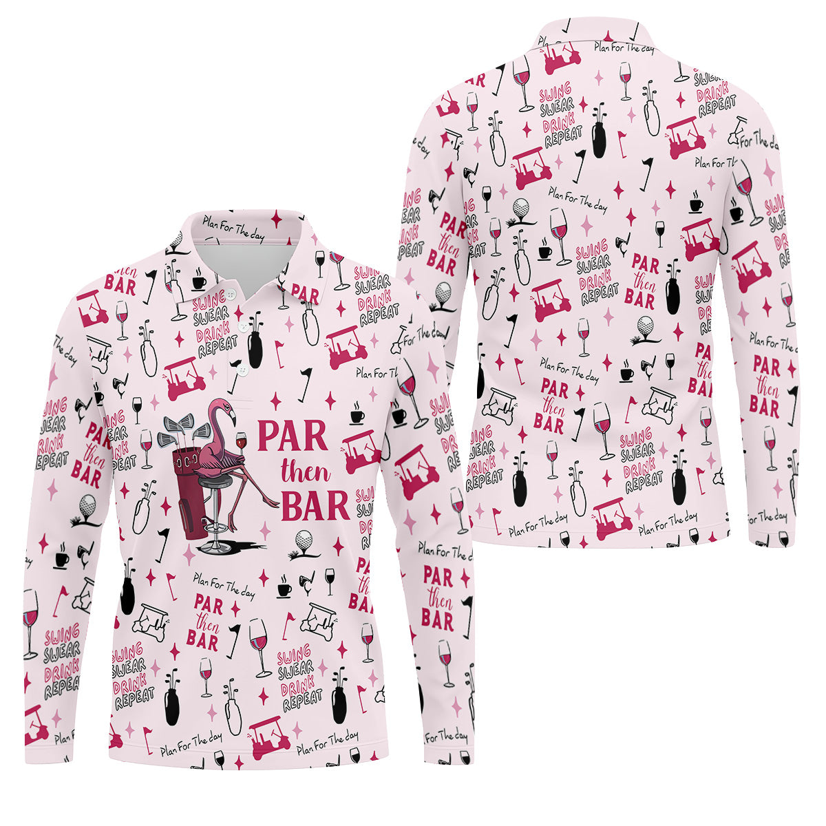 Pink Swing Swear Drink Repeat Par Then Bar Flamingo Golf Shirt, Fun Golf Shirts For Men, Polo For Men