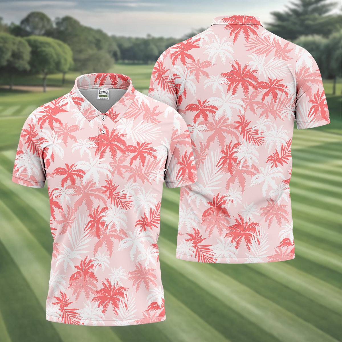 Palm Leaves Print Tropical Pink Golf Tops For Men, Hawaiian Golf Shirts, Polo ShirtFor Men