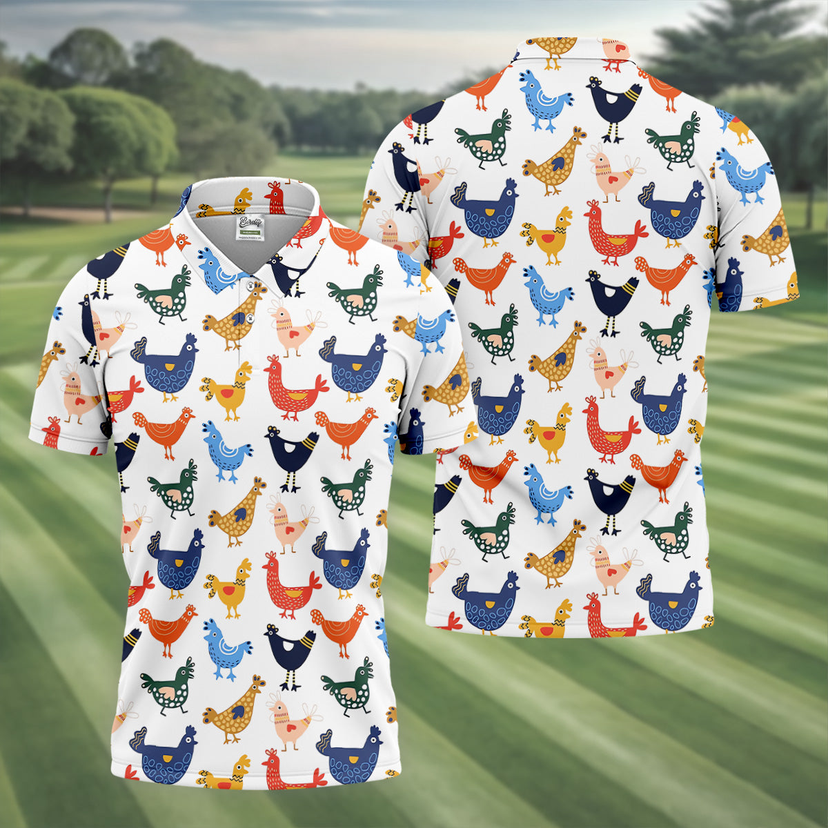 Colorful Animated Chickens White Polo Shirt, Fun Golf Shirts For Men, Gift For Chicken Lover