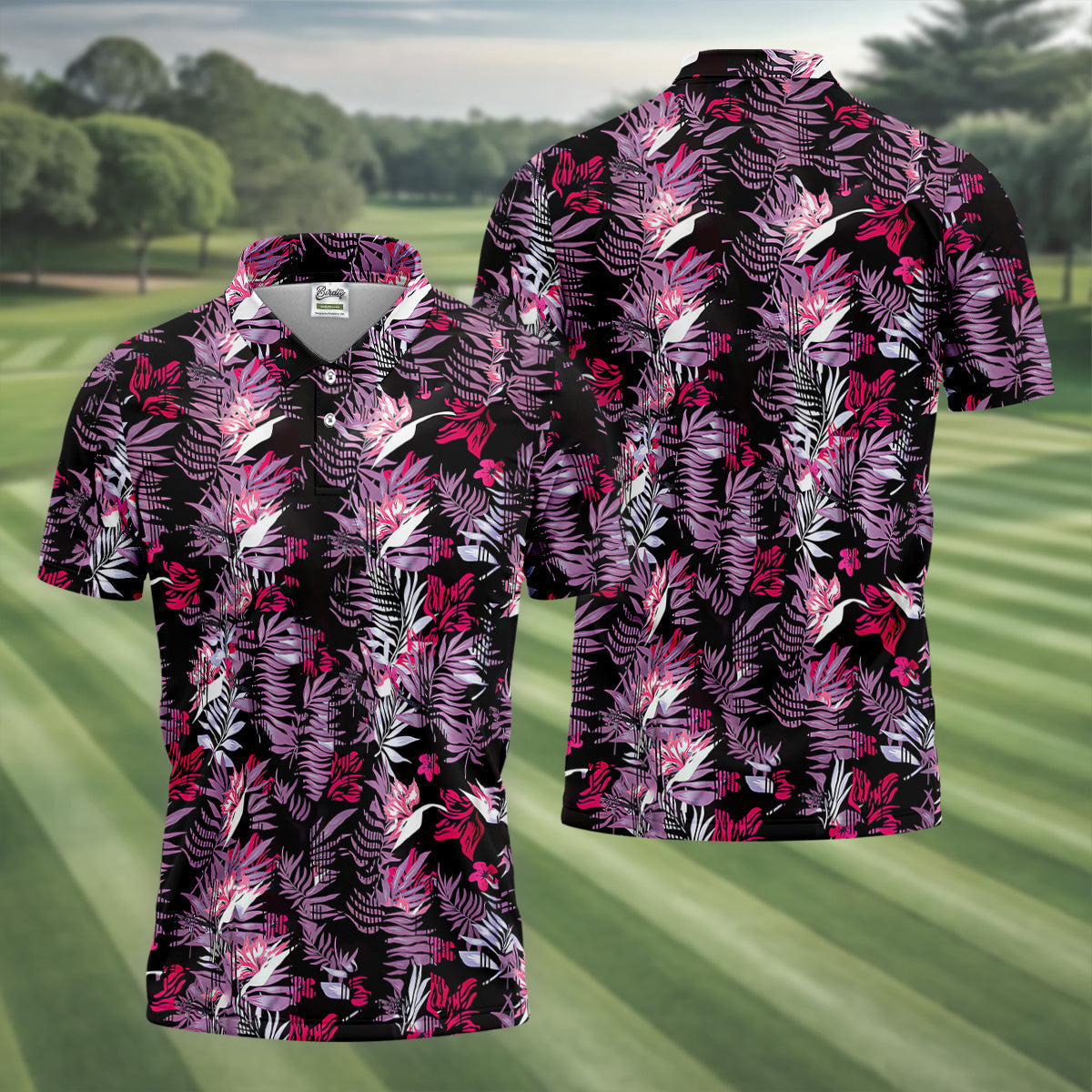 Purple And Black Tropical Golf Shirts, Golf Tops For Men, Polo ShirtFor Men, Golfing Apparel