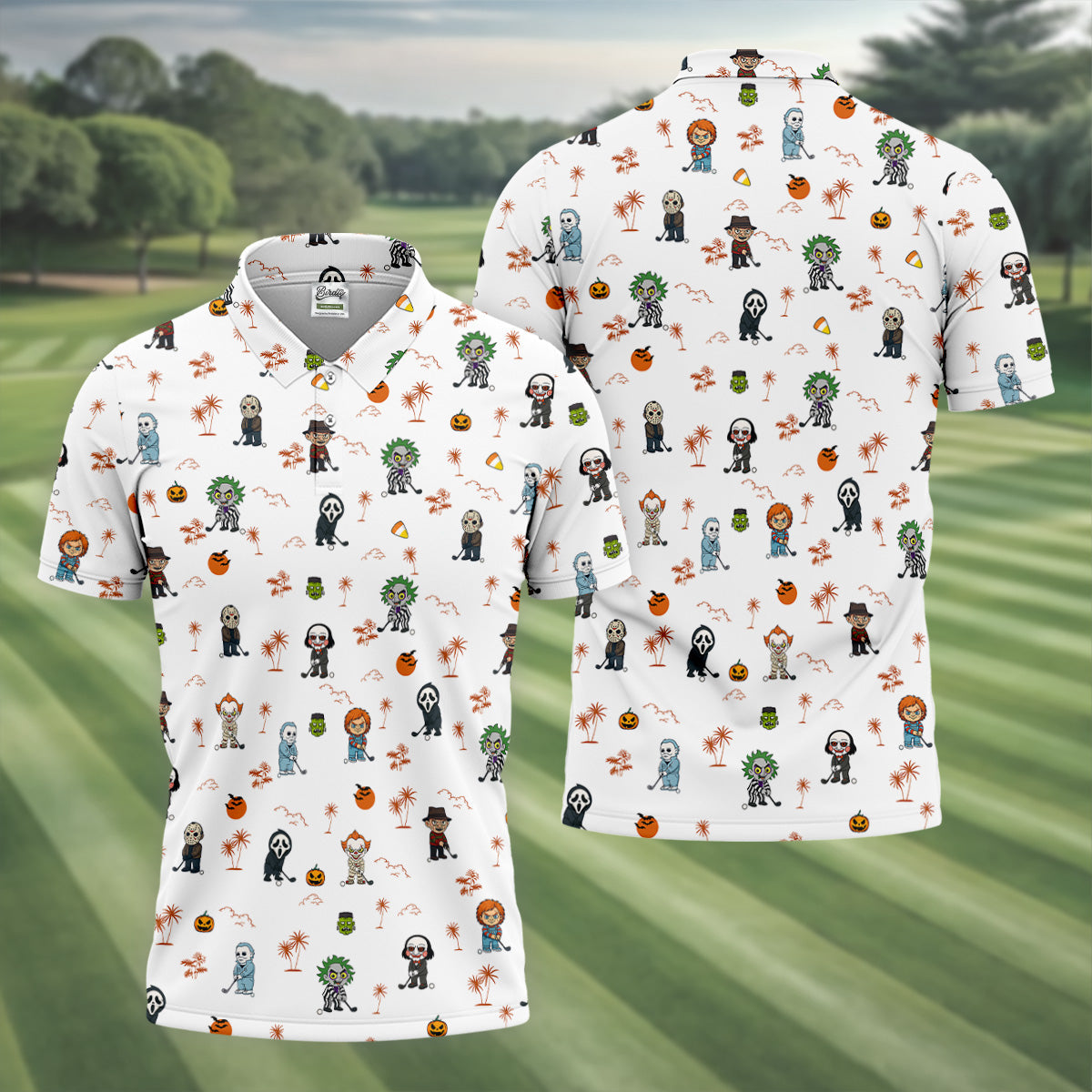 Horror Halloween Character Tropical Golf Shirt, Halloween Polo Shirt Mens White Polo, Golfing Apparel