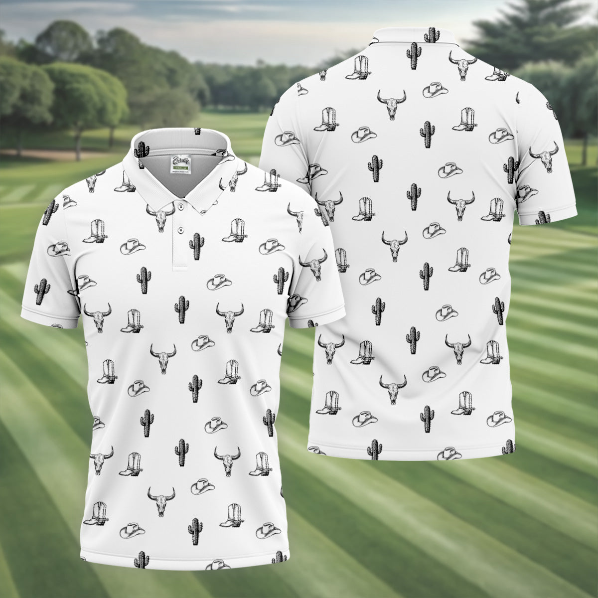 Wild West Cactus White Western Golf Shirt, Golf Tops For Men, Polo Shirtor Men, Golfing Apparel