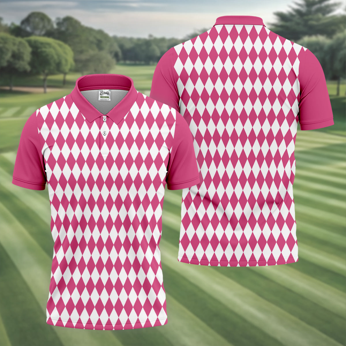 White And Pink Argyle Pattern Men Polo, Polo ShirtFor Men, Golf Gift For Men, Golfing Apparel