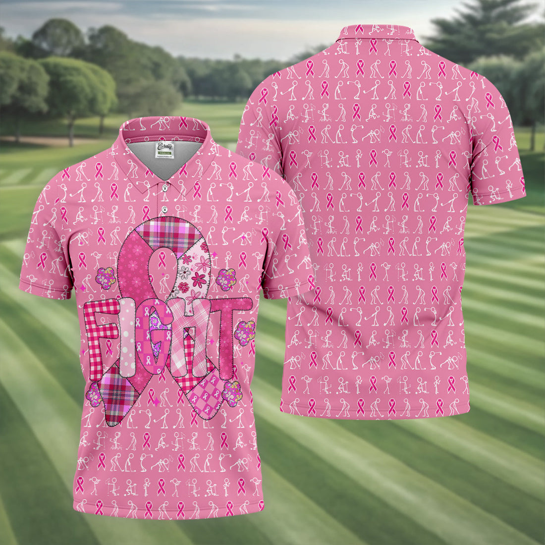 Funny Stick Figure Men's Golf Shirt, Breast Cancer Awareness Shirt, Polo ShirtFor Men, Golfing Apparel