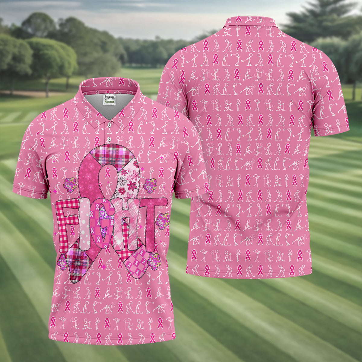 Funny Stick Figure Men's Golf Shirt, Breast Cancer Awareness Shirt, Polo ShirtFor Men, Golfing Apparel