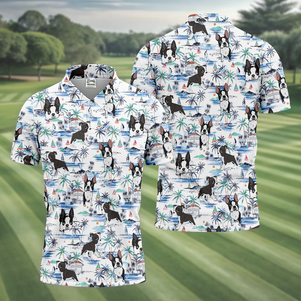 Boston Terrier Ocean Vibe White Tropical Golf Shirts, Men's Funny Golf Shirts, Gifts For Dog Lovers