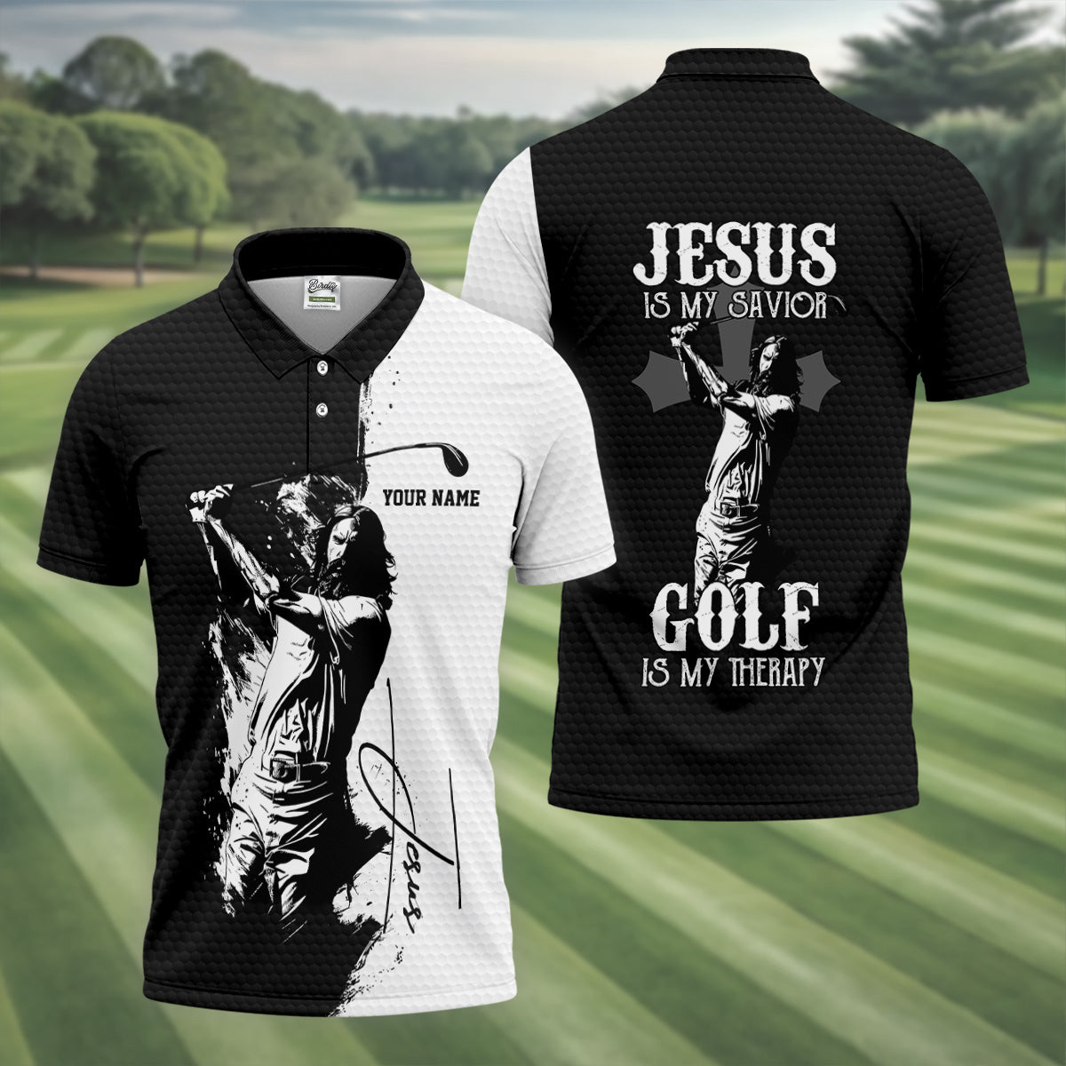 Jesus Is My Savior Golf Is My Therapy Christian Golf Shirt, Black And White Golf Polo, Polo ShirtFor Men