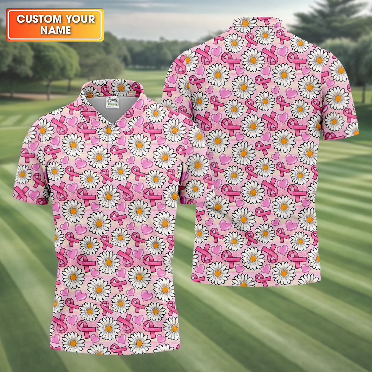 Daisy Pink Breast Cancer Golf Shirt, Mens Golf Polo Shirt White Polo Shirt, Golfing Apparel