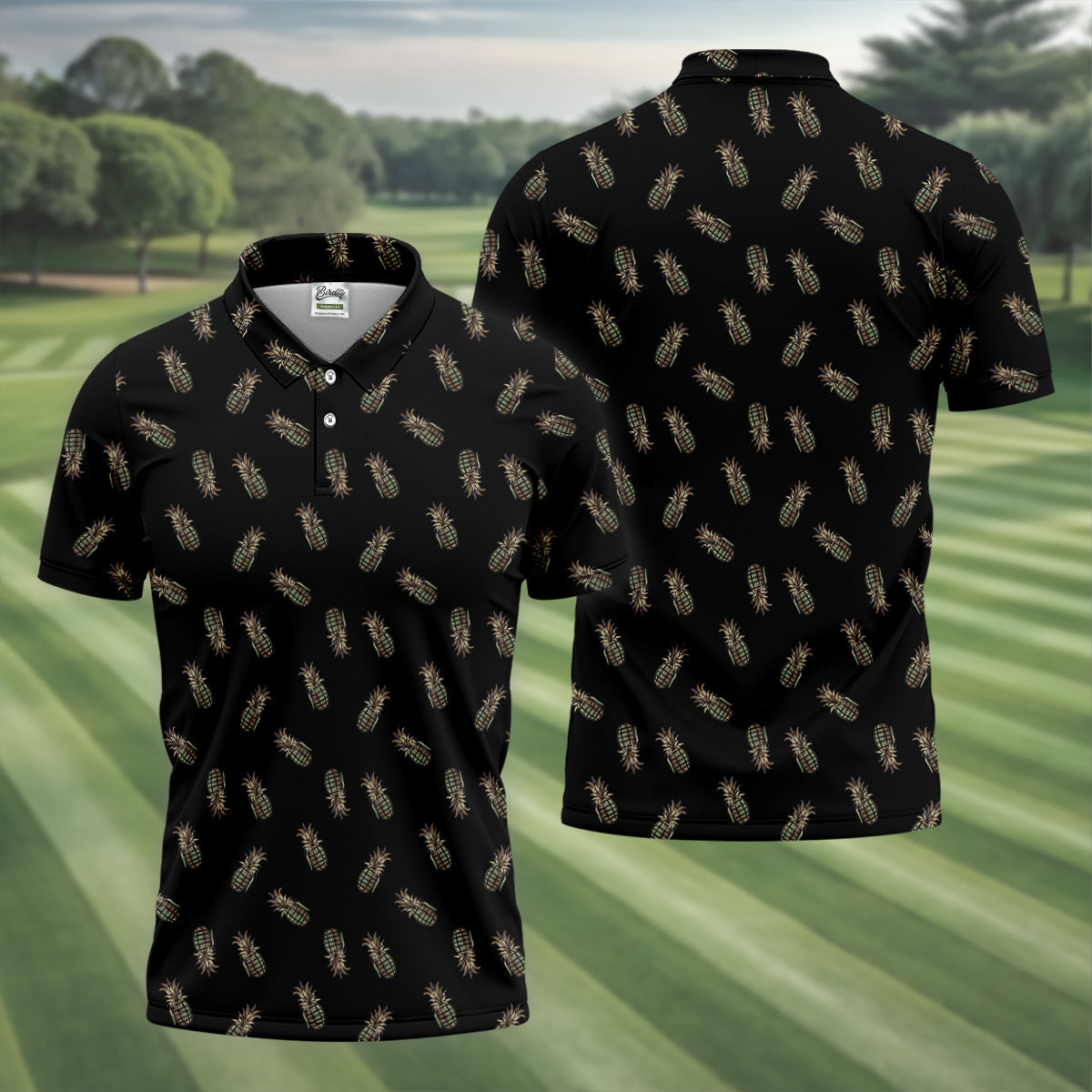 Pineapple Grenade Black Grey Golf Tops For Men, Men Polo, Golf Gift For Men, Golfing Apparel