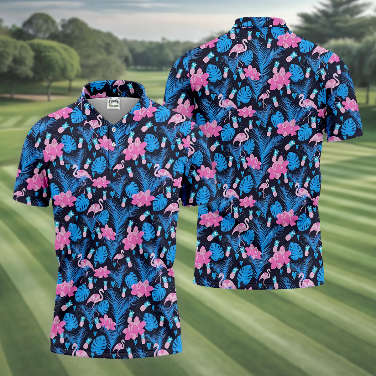 Flamingo Pink Pink And Blue Tropical Golf Shirts, Polo ShirtFor Men, Golf Gift For Men, Golfing Apparel