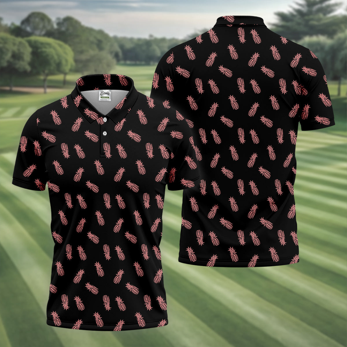 Pineapple Grenade Black And Pink Golf Tops For Men, Men Polo, Golf Gift For Men