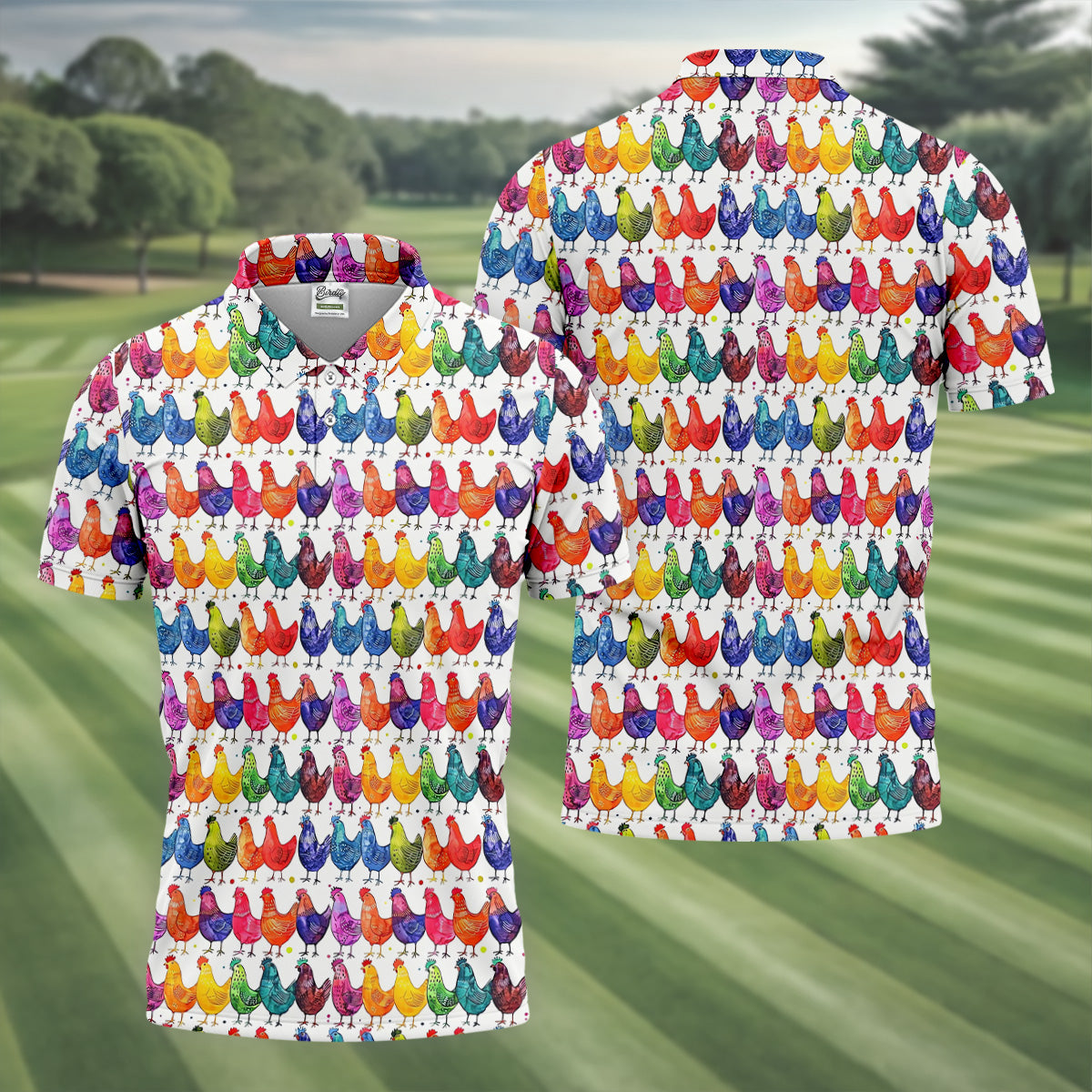 Whimsical Chicken Colorful Golf Shirt, Cute Golf Outfit, Polo ShirtFor Men, Golfing Apparel