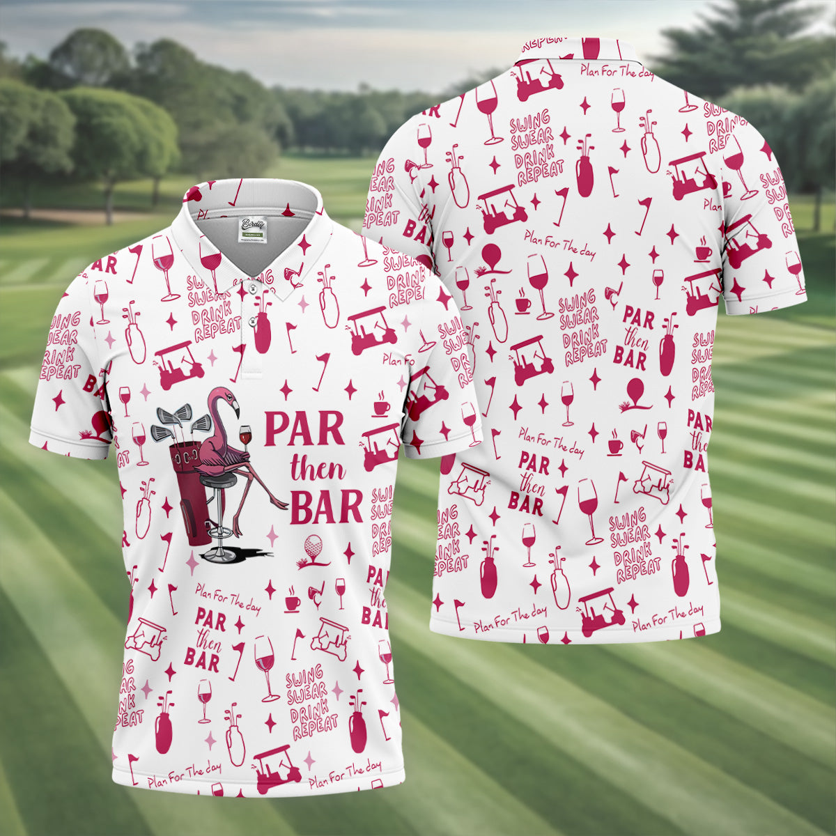 Swing Swear Drink Repeat Par Then Bar Flamingo Golf Shirt, Fun Men's Golf Polos, Polo ShirtFor Men