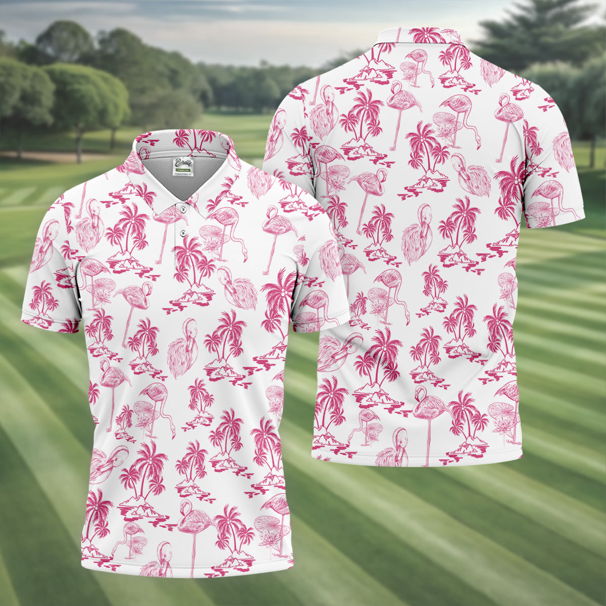 White And Pink Flamingo Tropical Men Polo, Polo ShirtFor Men, Golf Gift For Men, Golfing Apparel