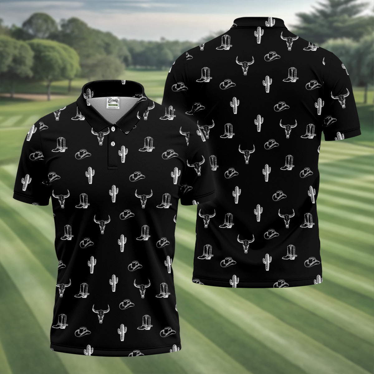 Wild West Cactus Black Western Golf Shirt, Golf Tops For Men, Polo Shirtor Men, Golfing Apparel