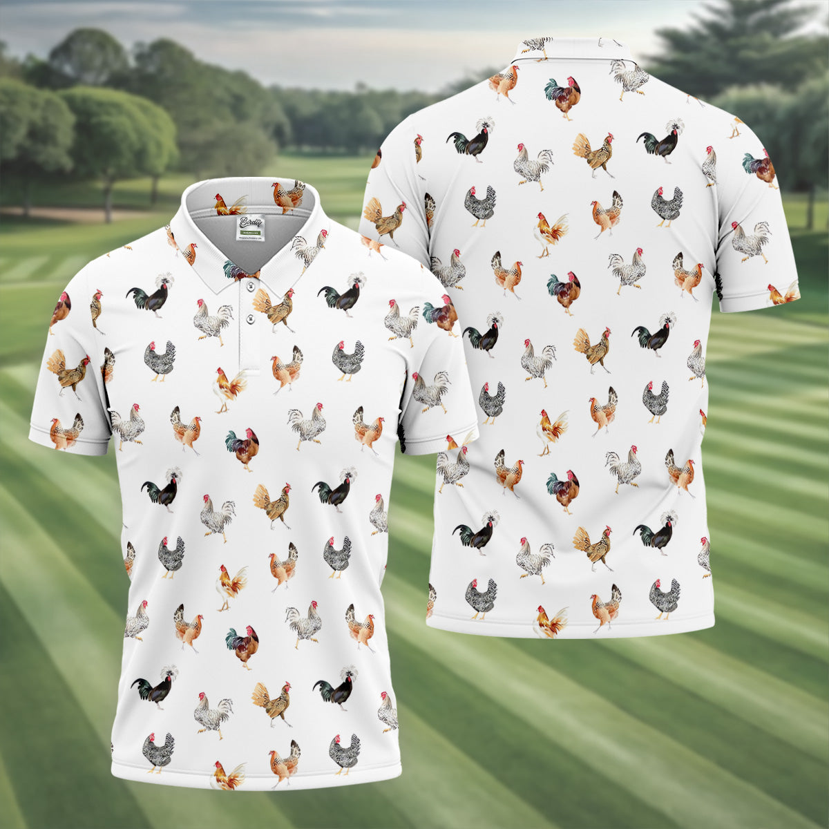 Prancing Chickens Men's White Golf Polo, Gift For Chicken Lover, Polo Shirtor Men, Golfing Apparel