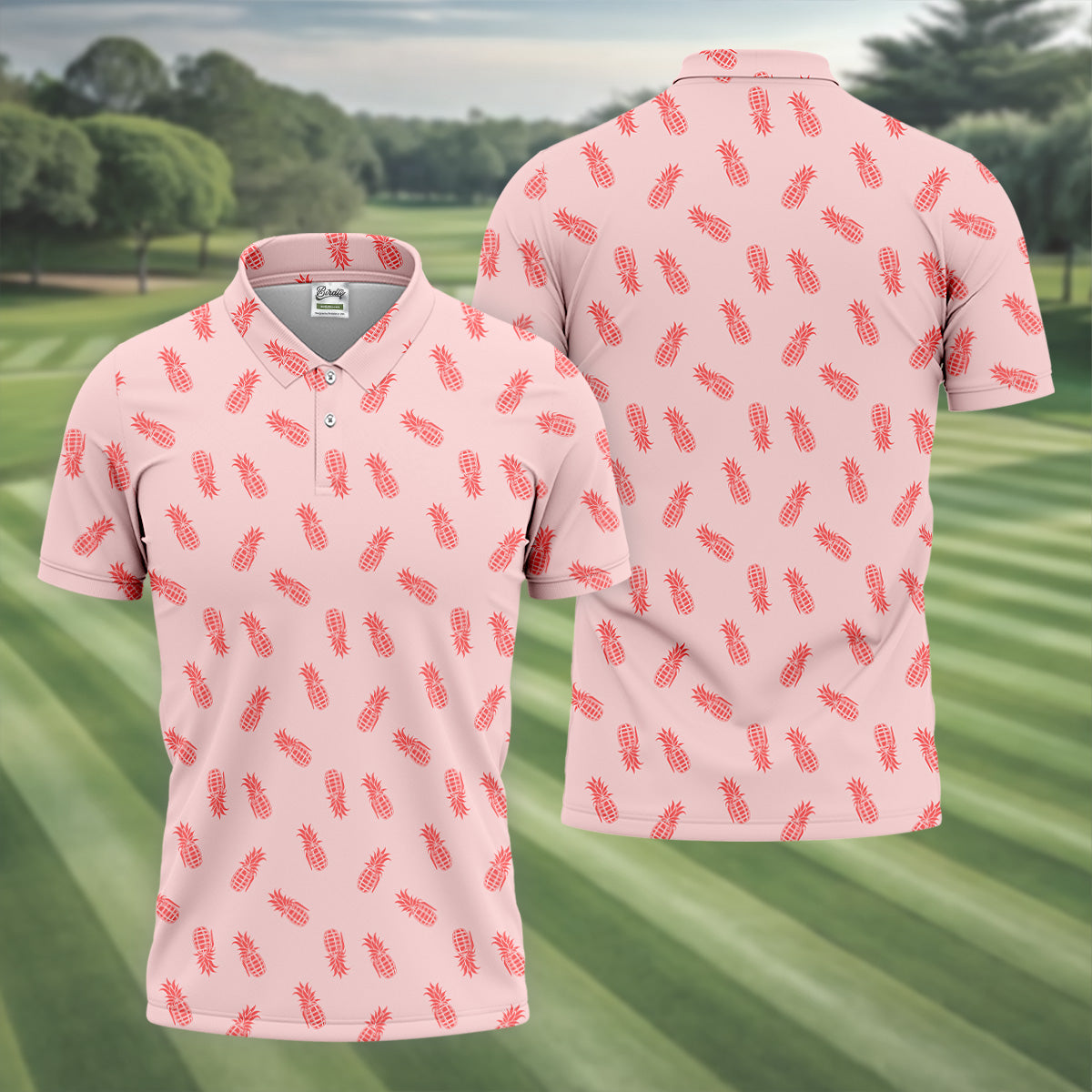 Pineapple Grenade Pink Golf Tops For Men, Men Polo, Golf Gift For Men, Golfing Apparel