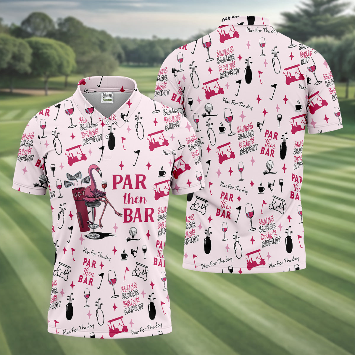 Pink Swing Swear Drink Repeat Par Then Bar Flamingo Golf Shirt, Fun Golf Shirts For Men, Polo For Men