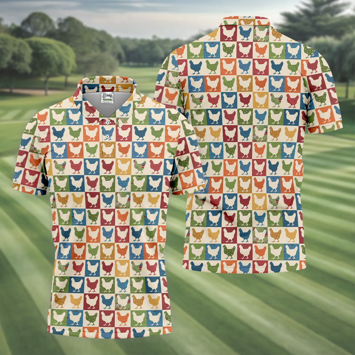 Chicken Rooster Colorful Checkered Golf Tops For Men, Gift For Chicken Lover, Golfing Apparel