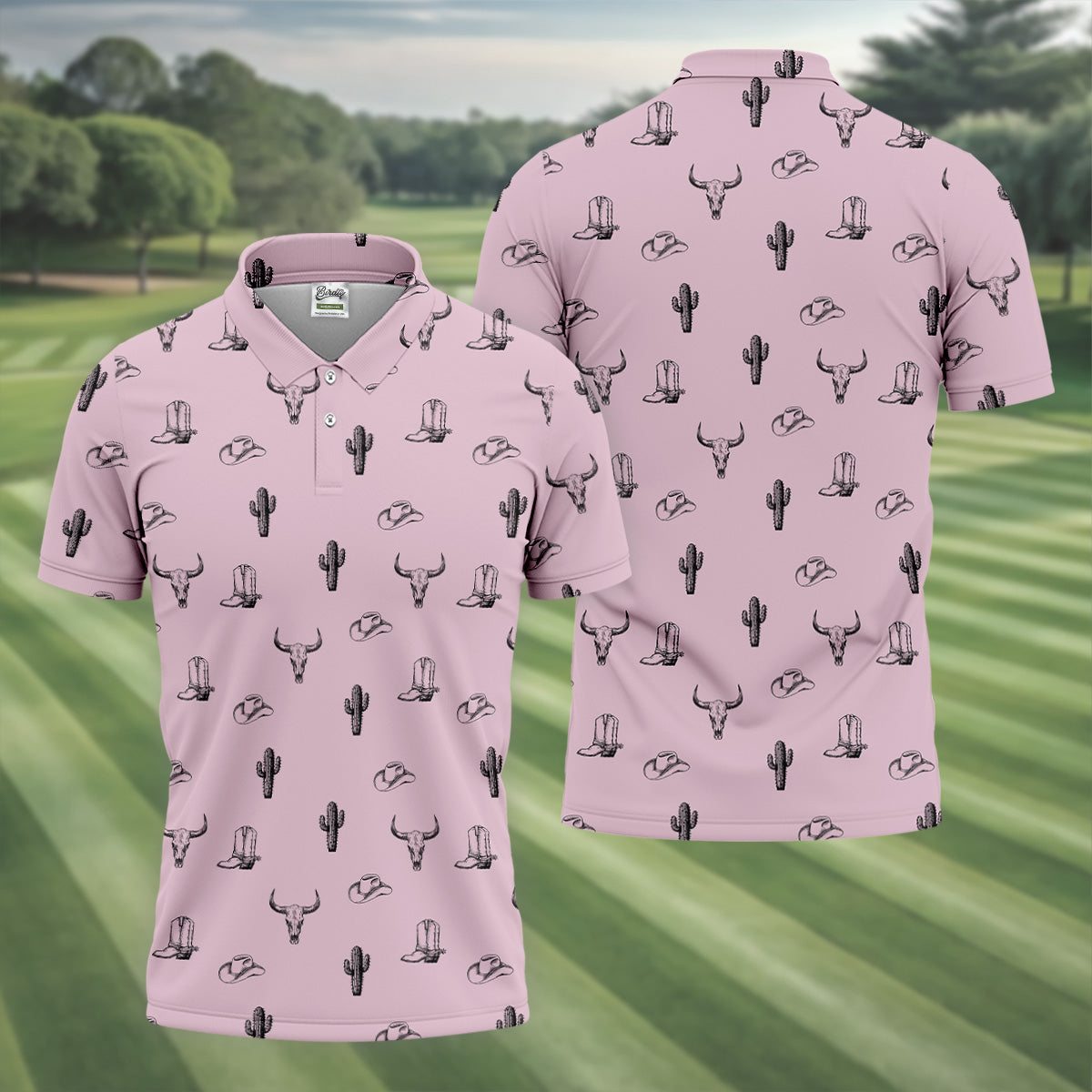 Wild West Cactus Pink Lavender Western Golf Shirt, Golf Tops For Men, Polo ShirtFor Men, Golfing Apparel