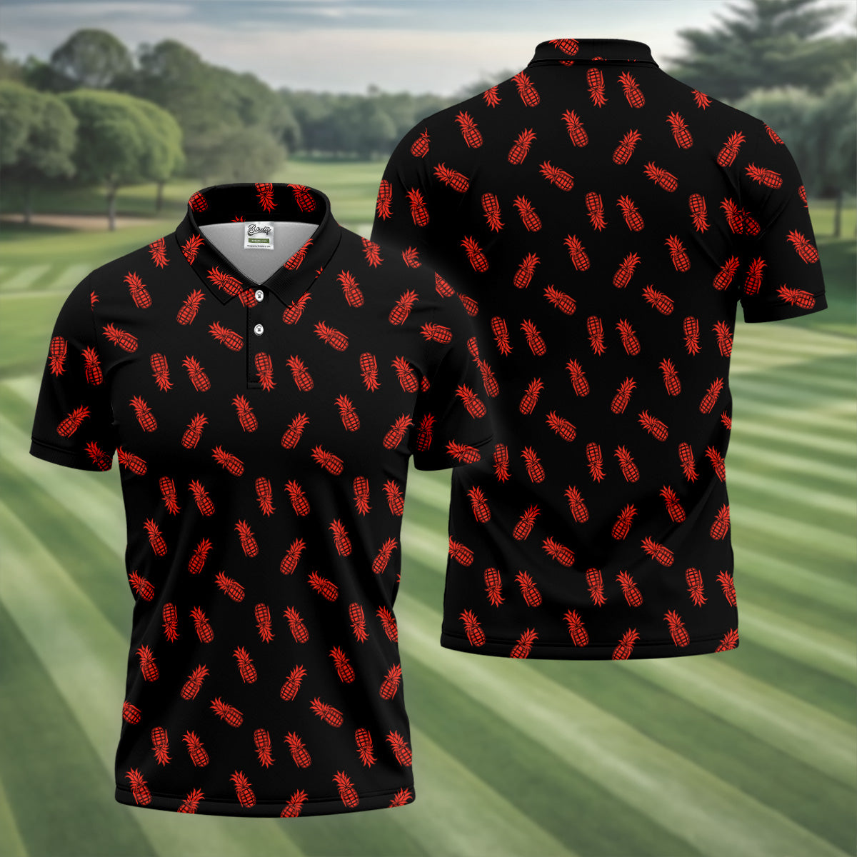 Pineapple Grenade Black And Red Golf Tops For Men, Men Polo, Golf Gift For Men