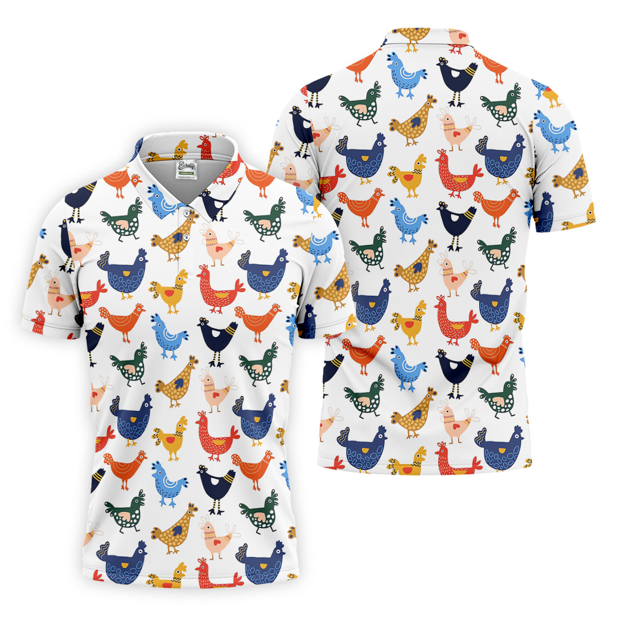 Colorful Animated Chickens White Polo Shirt, Fun Golf Shirts For Men, Gift For Chicken Lover