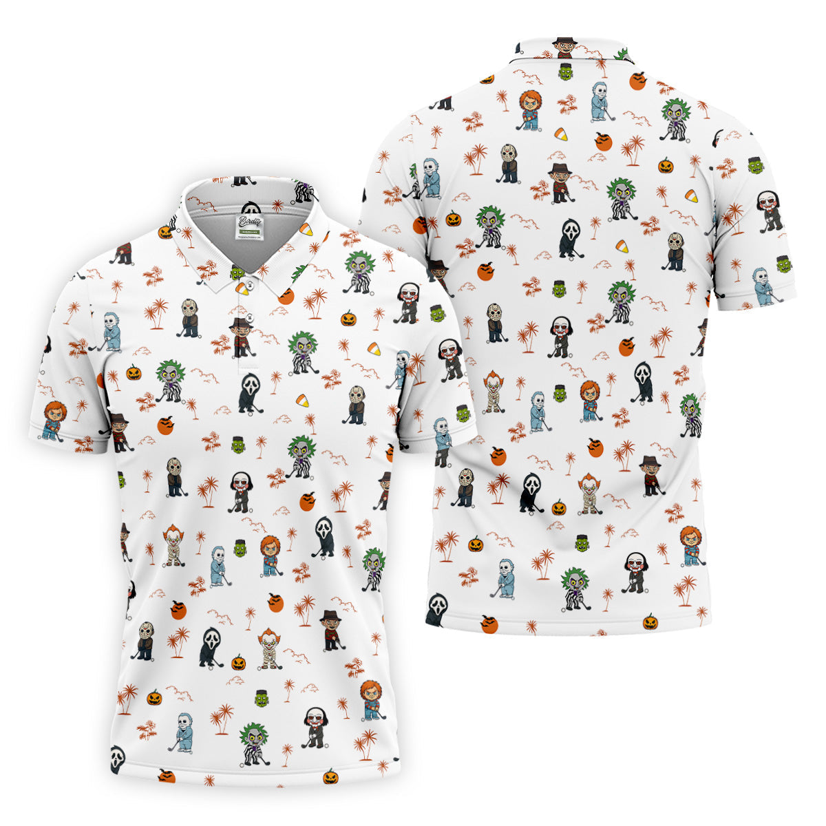 Horror Halloween Character Tropical Golf Shirt, Halloween Polo Shirt Mens White Polo, Golfing Apparel