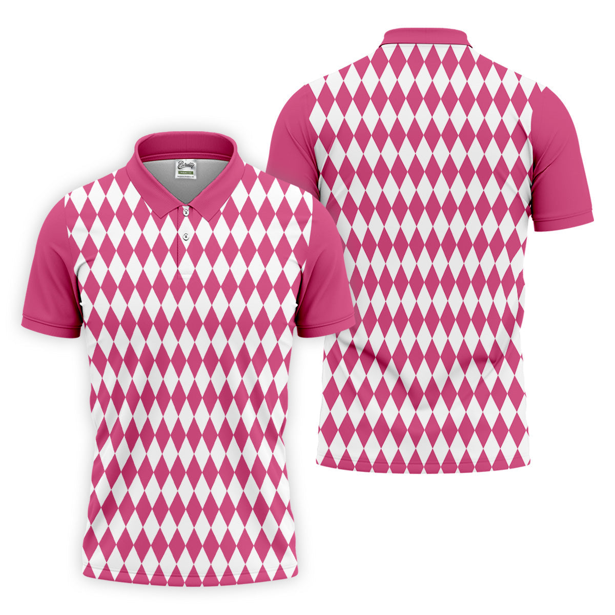 White And Pink Argyle Pattern Men Polo, Polo ShirtFor Men, Golf Gift For Men, Golfing Apparel