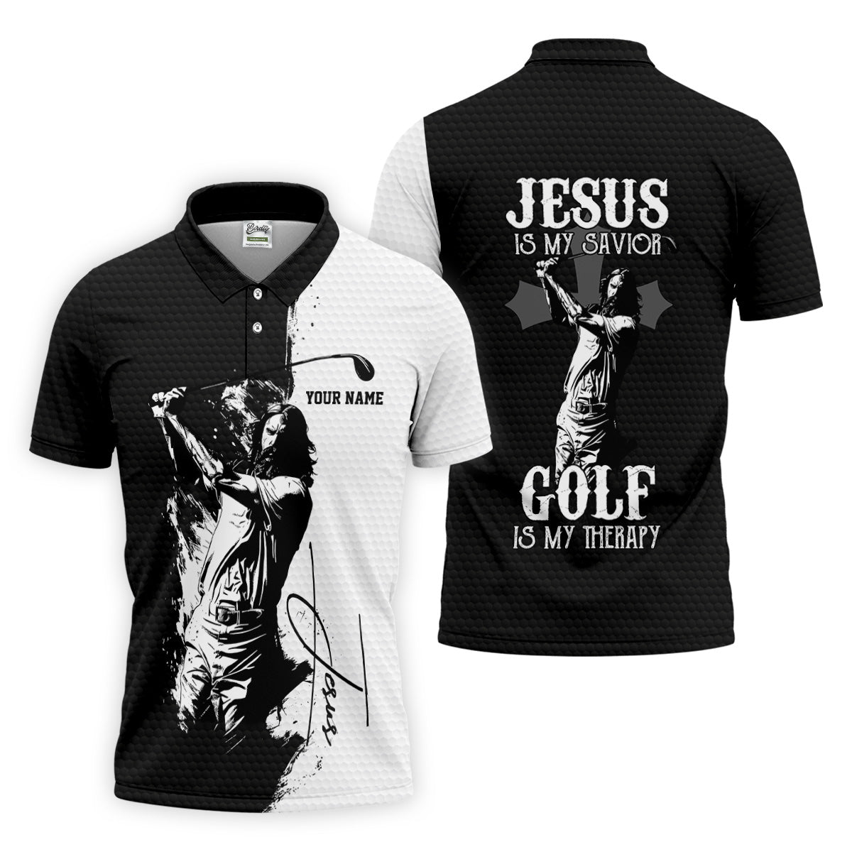 Jesus Is My Savior Golf Is My Therapy Christian Golf Shirt, Black And White Golf Polo, Polo ShirtFor Men