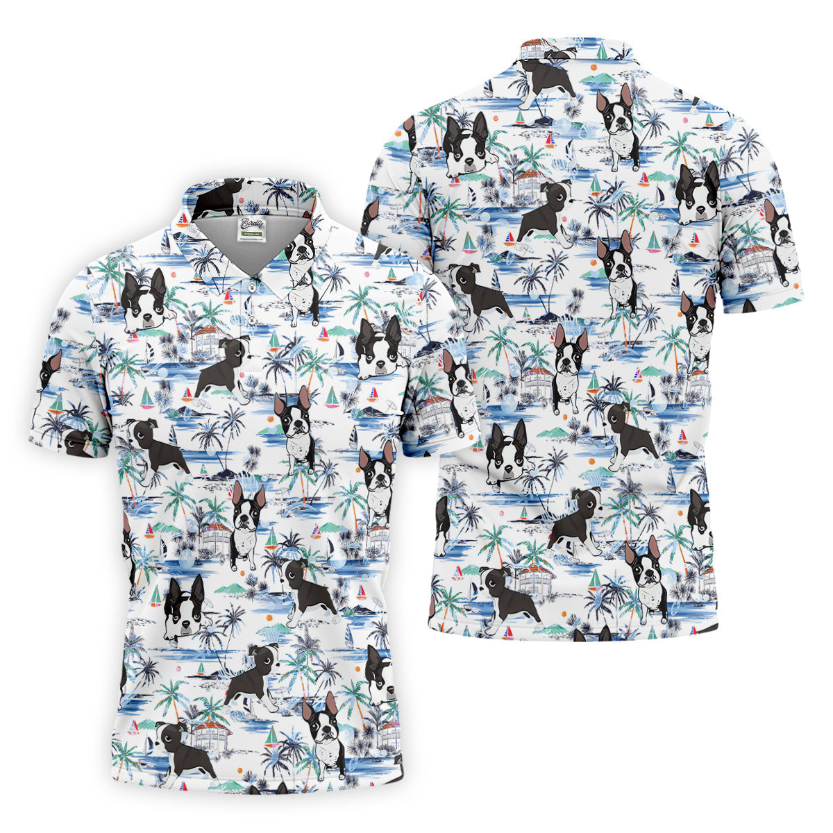 Boston Terrier Ocean Vibe White Tropical Golf Shirts, Men's Funny Golf Shirts, Gifts For Dog Lovers