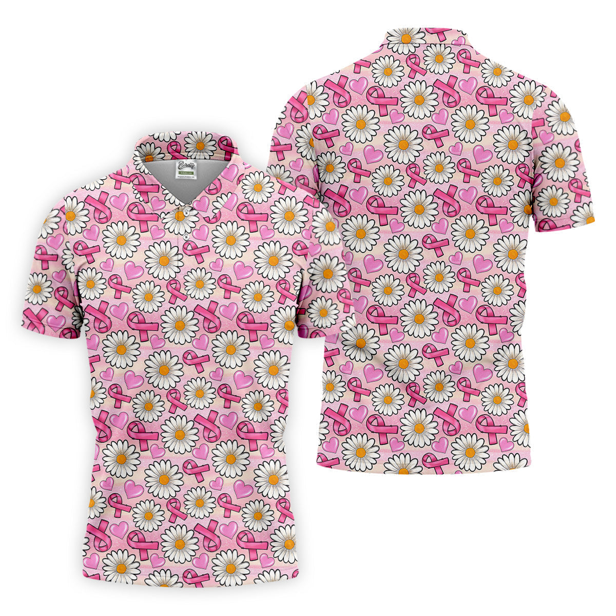Daisy Pink Breast Cancer Golf Shirt, Mens Golf Polo Shirt White Polo Shirt, Golfing Apparel