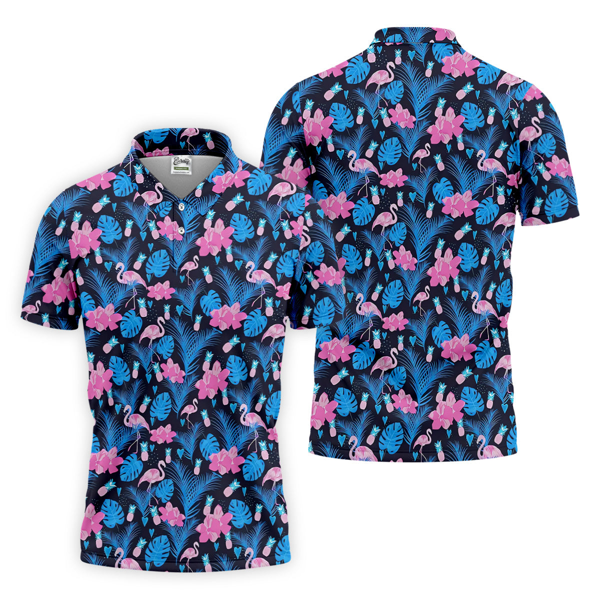 Flamingo Pink Pink And Blue Tropical Golf Shirts, Polo ShirtFor Men, Golf Gift For Men, Golfing Apparel