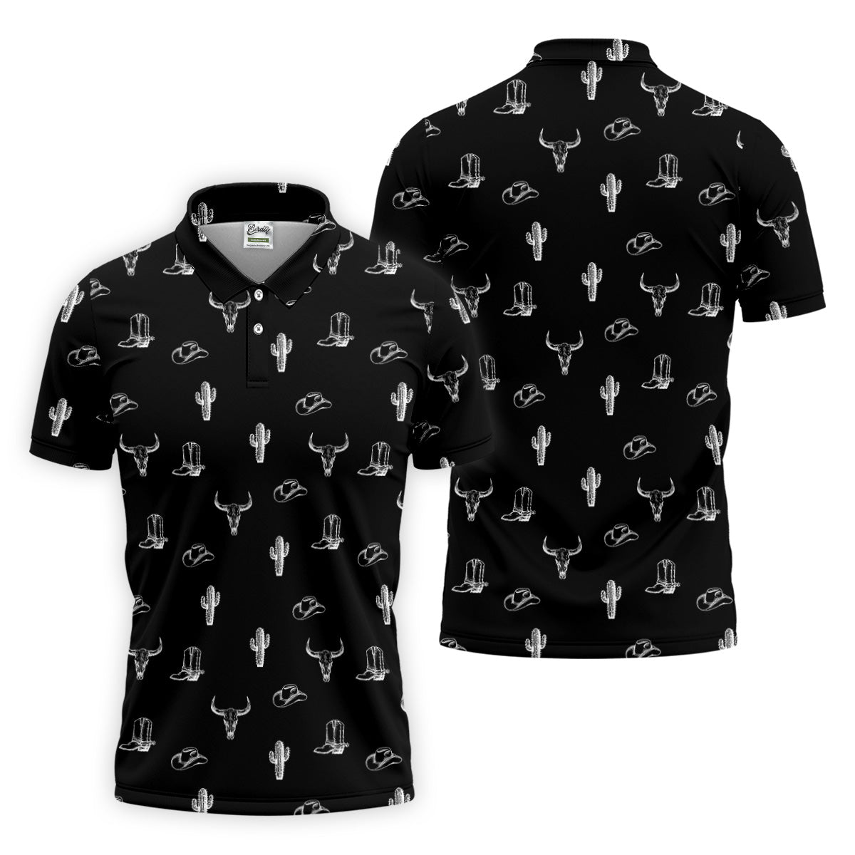 Wild West Cactus Black Western Golf Shirt, Golf Tops For Men, Polo Shirtor Men, Golfing Apparel
