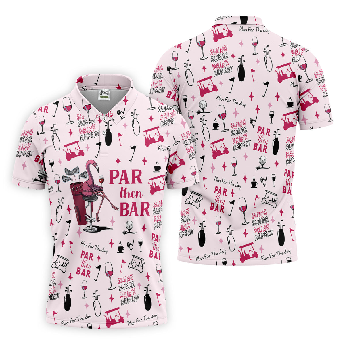 Pink Swing Swear Drink Repeat Par Then Bar Flamingo Golf Shirt, Fun Golf Shirts For Men, Polo For Men