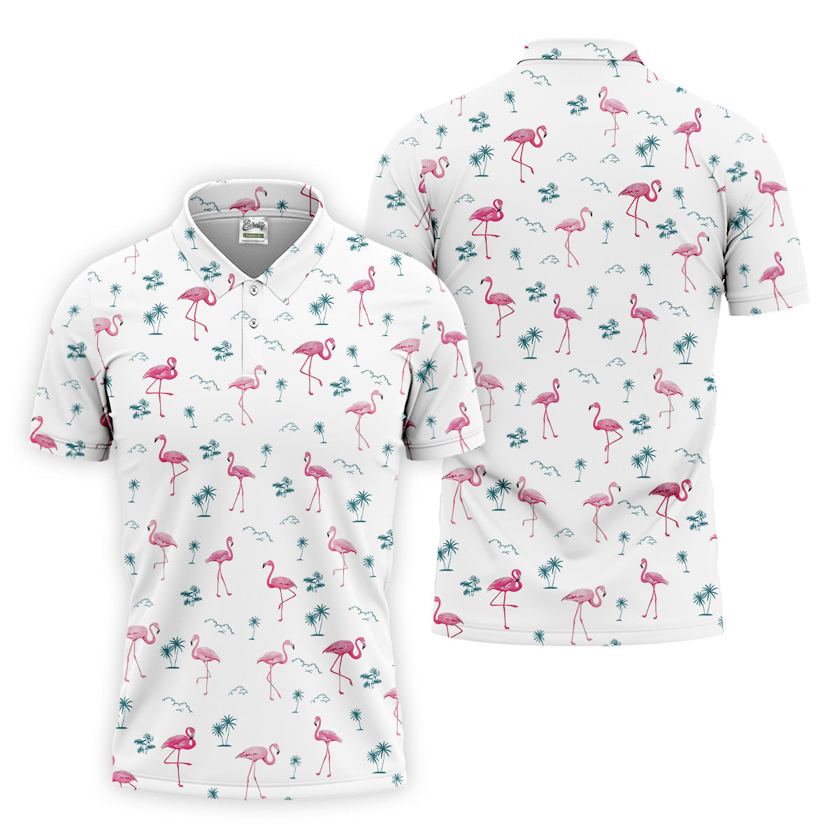Flamingo Tropical White Polo Shirt, Summer Polo Shirt Unique Gift For Golfer