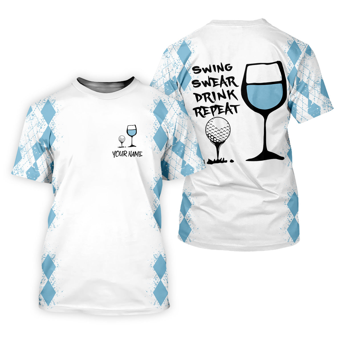 Swing Swear Drink Repeat Light Blue Argyle Golf Shirt, Fun Womens Golf Shirts, White Polo Women, Ladies Golf Shirts